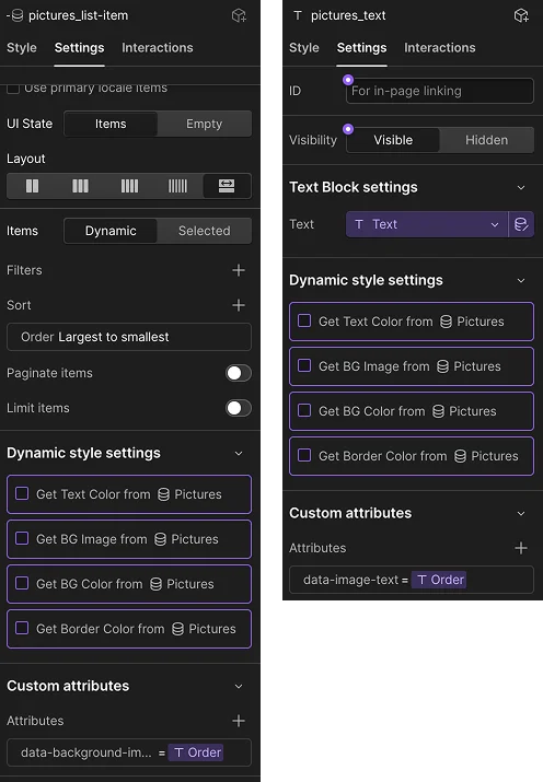 Screenshot of Webflow custom attributes bound to the CMS Order field.