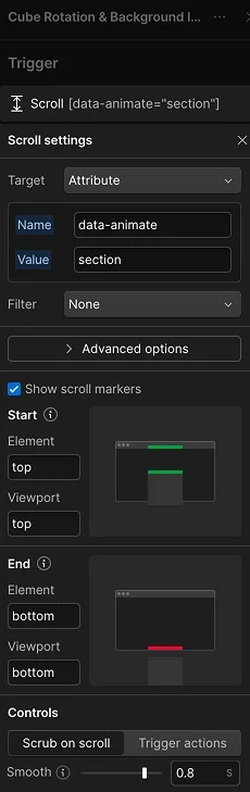 Screenshot of the scroll trigger settings and thresholds.