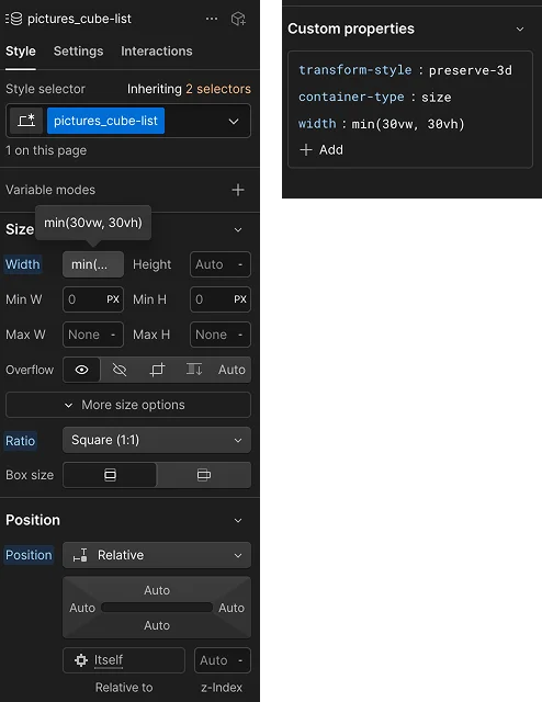 Screenshot of the cube list settings, including square aspect ratio, width min(30vw, 30vh), transform-style, and container-type.