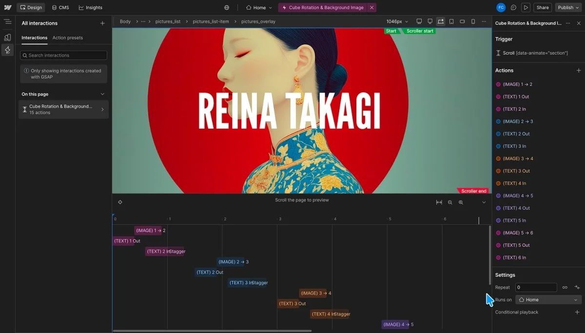 Screenshot of the Interactions Panel showing grouped and color-coded actions for multiple transitions.