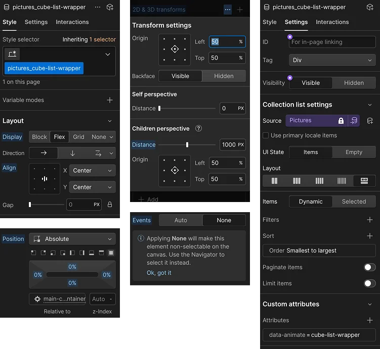 Screenshot of the cube list wrapper settings, including absolute full positioning, flex centering, pointer-events none, and perspective.