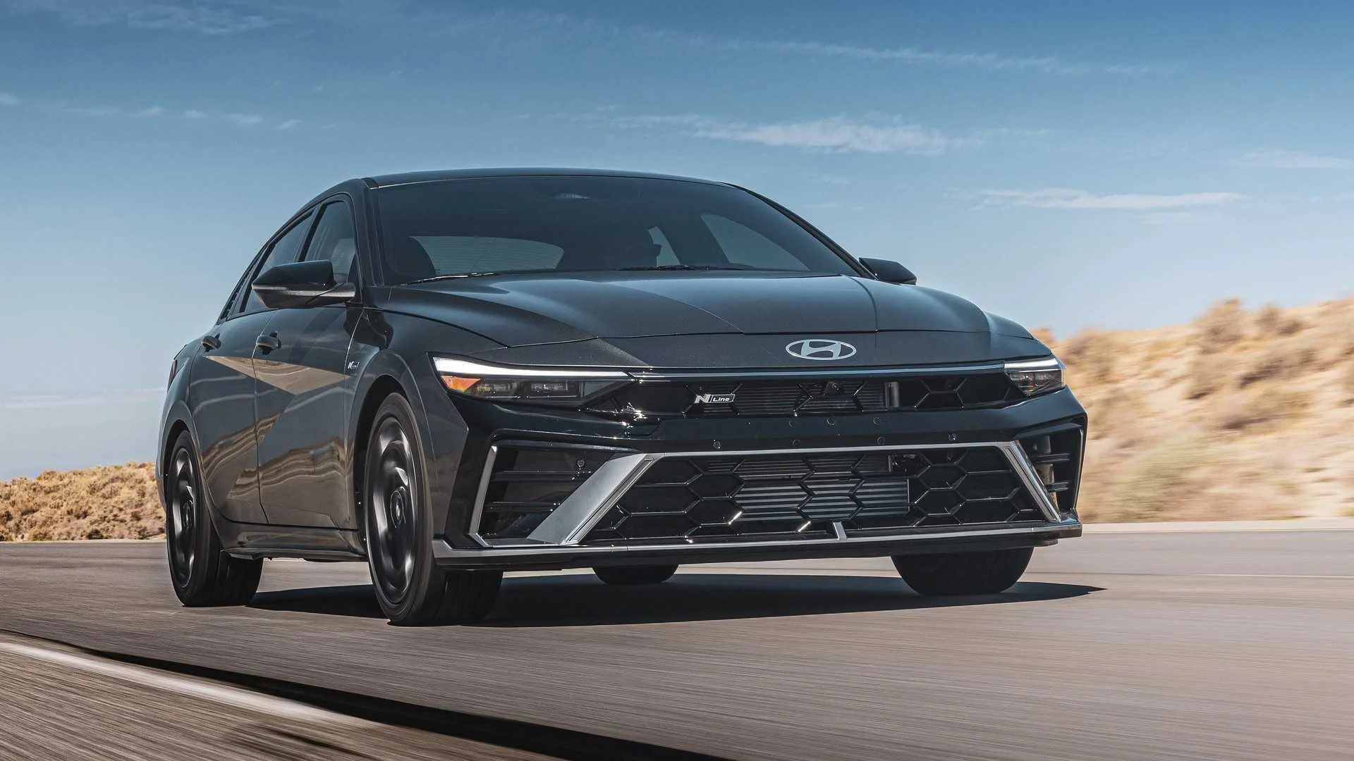 Front 3/4 shot of a 2024 Hyundai Elantra N-Line