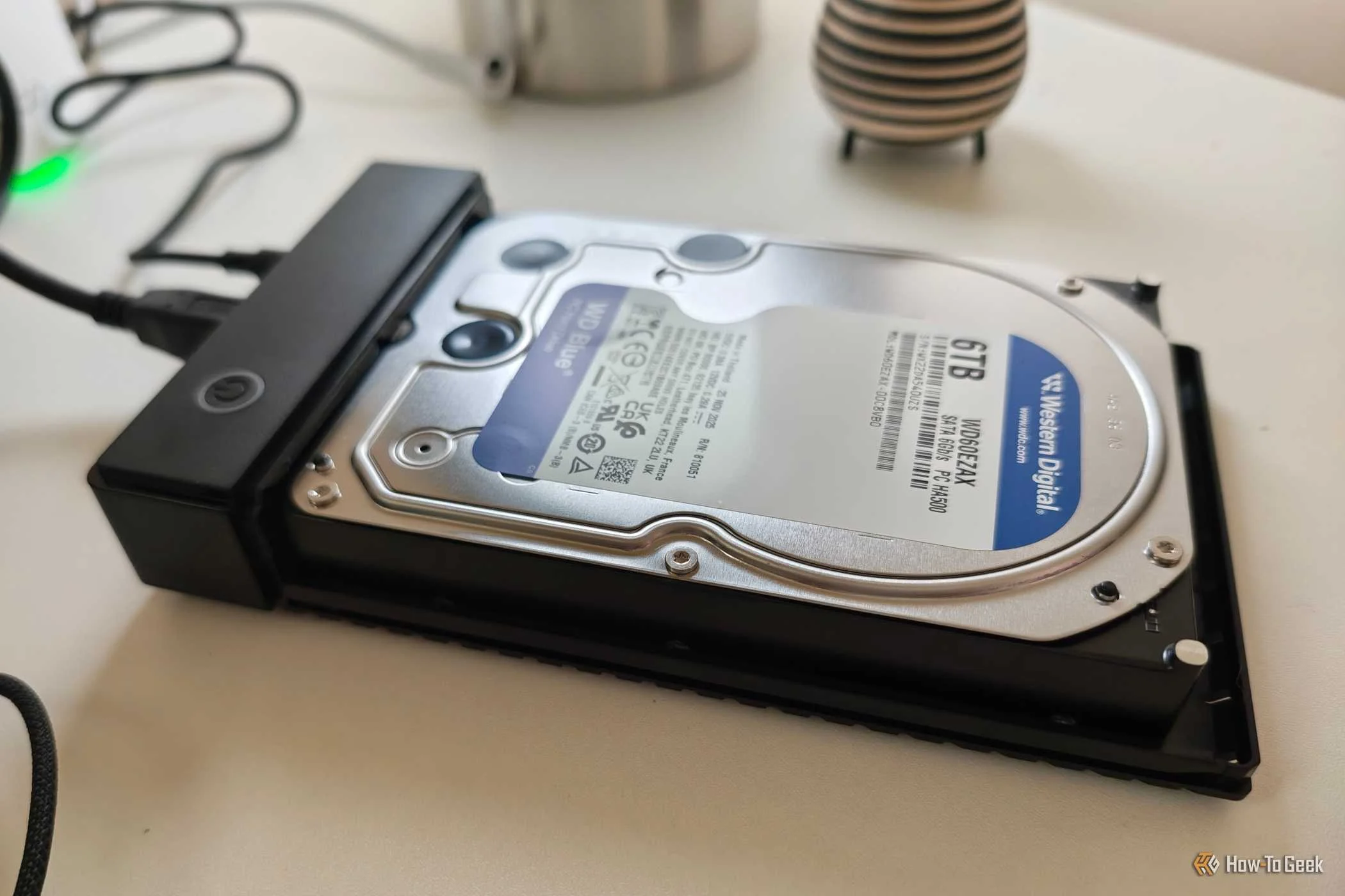 A 6 TB Western Digital hard disk drive in an enclosure.