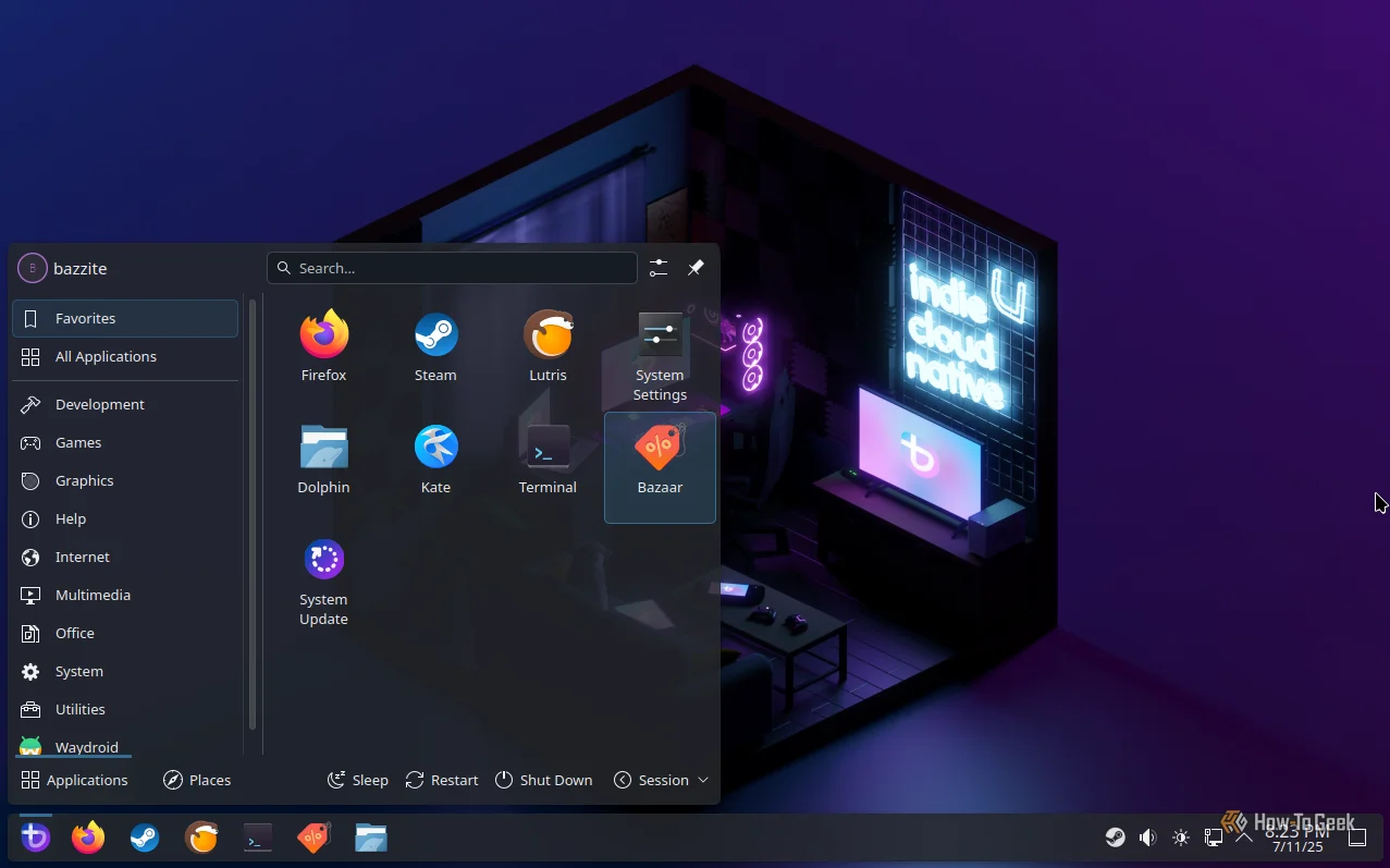 Bazzite desktop with the application launcher open.
