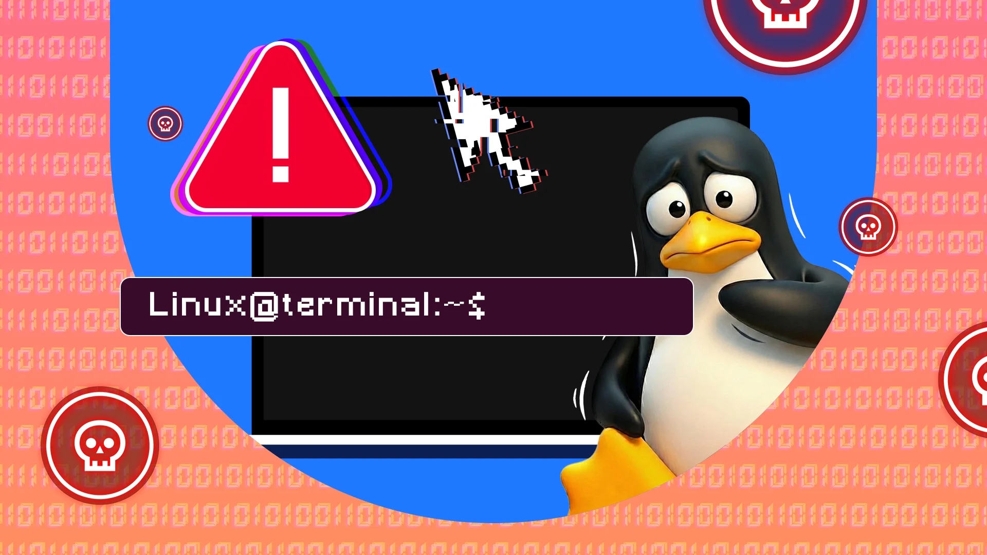 Illustration of the Linux Tux mascot looking worried beside a terminal window, with a warning icon and skull symbols.