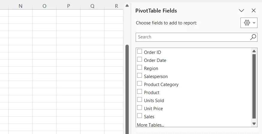 The Fields area in the PivotTable Fields pane in Microsoft Excel, with all fields currently unchecked.