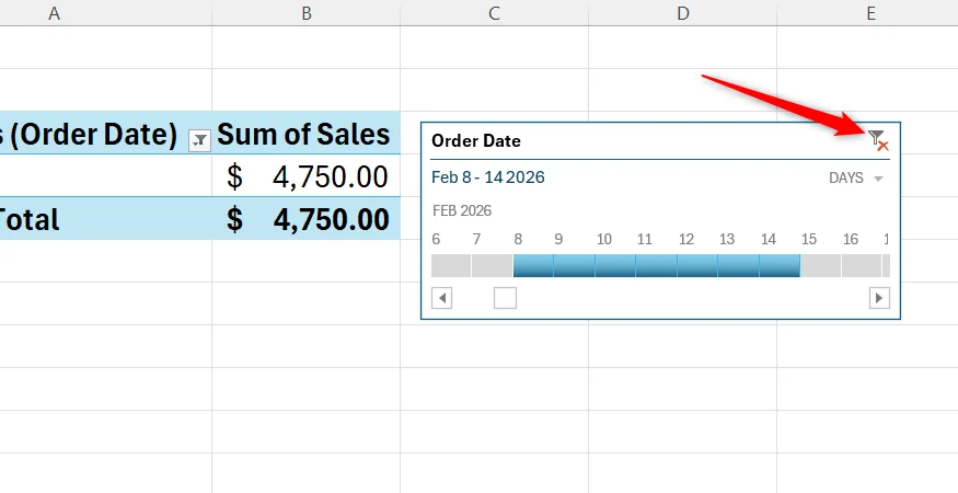 The Clear Filter button in the top-right corner of a PivotTable timeline filter in Excel.