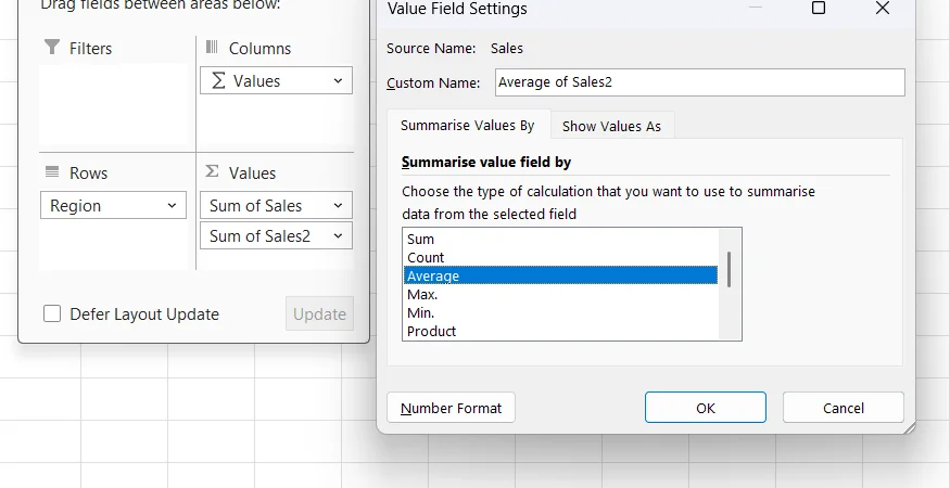 Average is selected in Excel's Value Field Settings dialog.