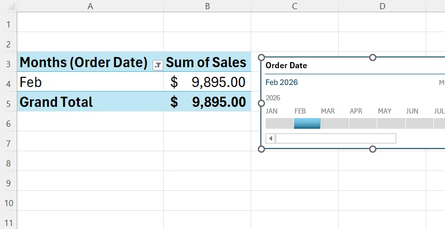 A timeline filter in Excel is set to February 2026, and the corresponding PivotTable has updated accordingly.