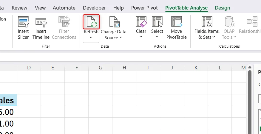 The top half of the split Refresh button in Excel's PivotTable Analyze tab.