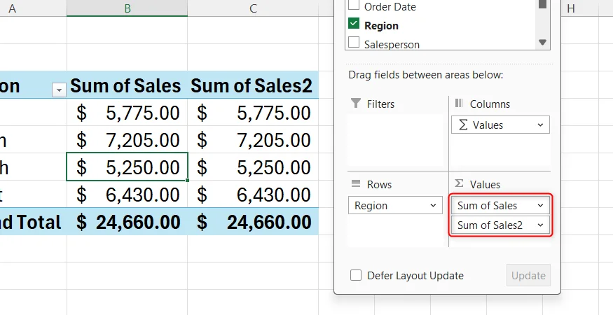 Sum of Sales is duplicated in the Values area in the Excel PivotTable Fields pane.