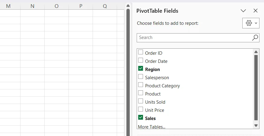 Region and Sales are checked in the fields area of the PivotTable Fields pane in Excel.