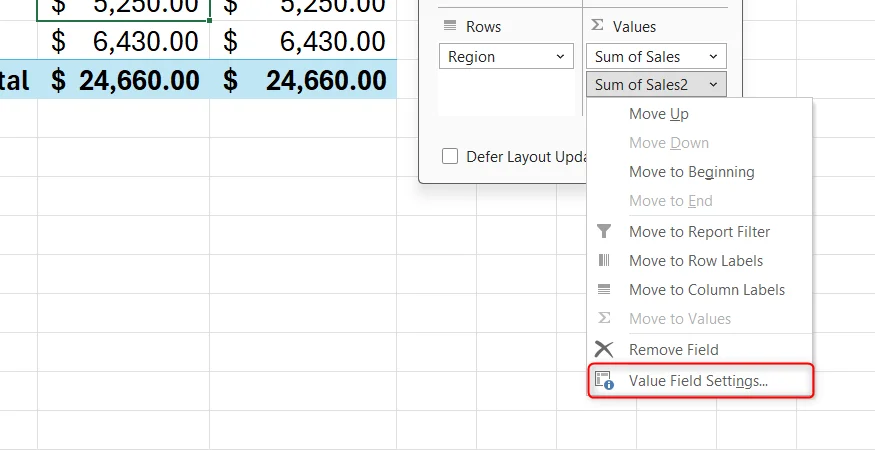 The right-click menu of a field named Sum of Sales2 in Excel's PivotTable Fields pane is expanded, and Value Fields Settings is selected.