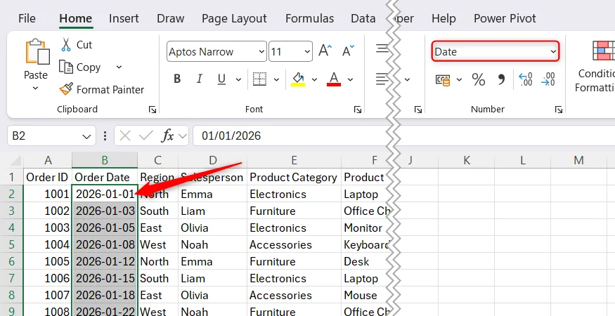 An Order Date column in an Excel dataset is set to the Date number format in the Number group of the Home tab.
