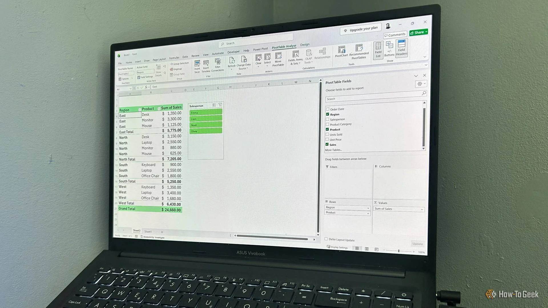 Laptop screen showing a PivotTable and a corresponding slicer in Microsoft Excel.