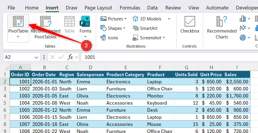 The top half of the split PivotTable button in the Insert tab of the Excel ribbon is selected.