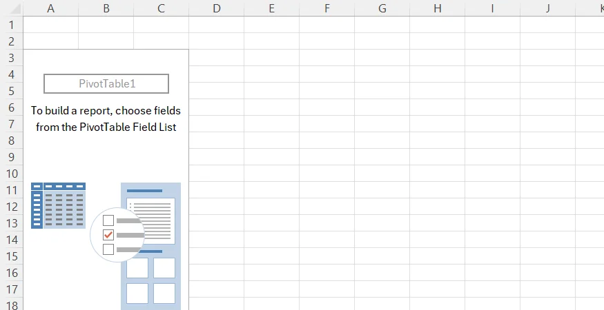 A blank PivotTable area, labeled PivotTable1 in an Excel worksheet.