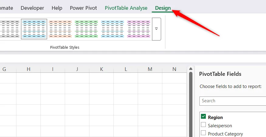 The contextual Design tab that appears in Excel when you select a cell in a PivotTable.