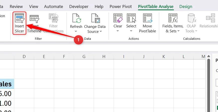 Insert Slicer is selected in Excel's PivotTable Analyze tab.