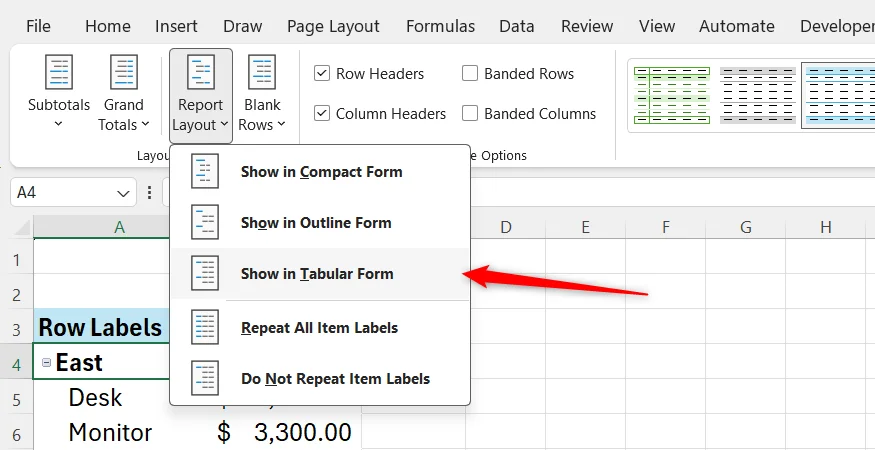Show in Tablular Form is selected in the Report Layout drop-down menu in Microsoft Excel.
