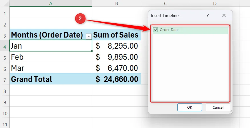 Order Date is checked in Excel's Insert Timelines dialog window.