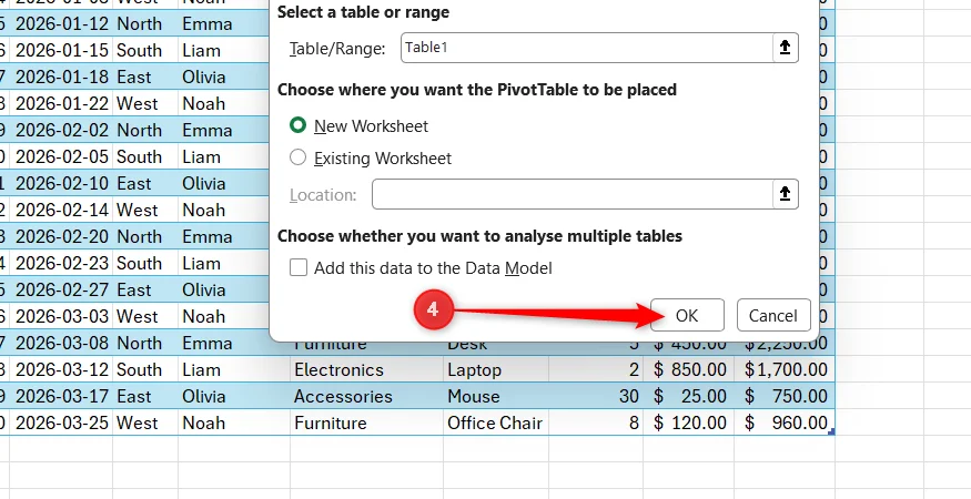 New Worksheet is selected in Excel's 'PivotTable from table or range' dialog, and the OK button is highlighted.