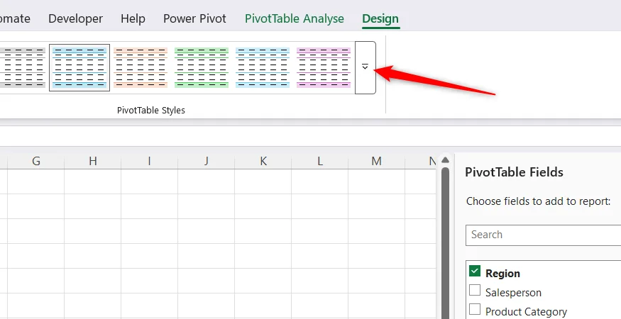 The Excel PivotTable Styles drop-down arrow is selected.