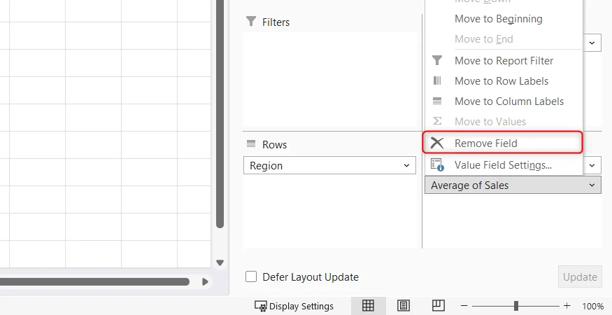 The right-click menu of a field named Average of Sales is expanded in Excel's PivotTable Fields pane, and Remove Field is highlighted.