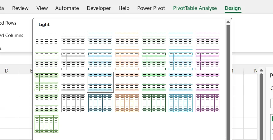 The various PivotTable styles are displayed in the PivotTable Styles drop-down menu in Excel.