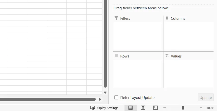 The Filters, Columns, Rows, and Values areas of the Excel PivotTable Fields pane, with all areas currently unpopulated.