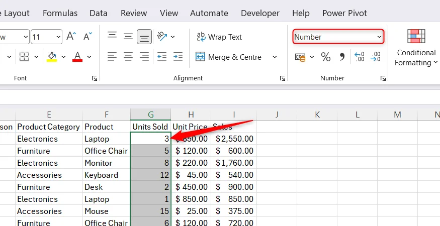 A Units Sold column in an Excel dataset is set to the Number number format in the Number group of the Home tab.
