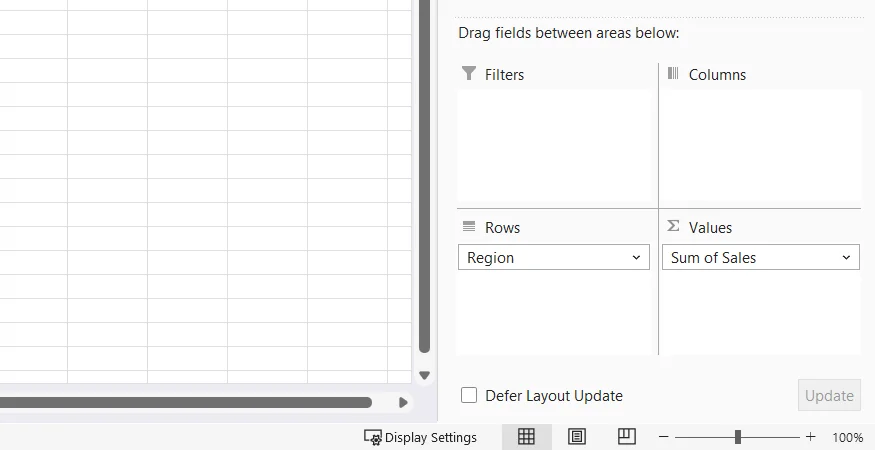 The Excel PivotTable Fields pane, with Region in the Rows area and Sum of Sales in the Values area.