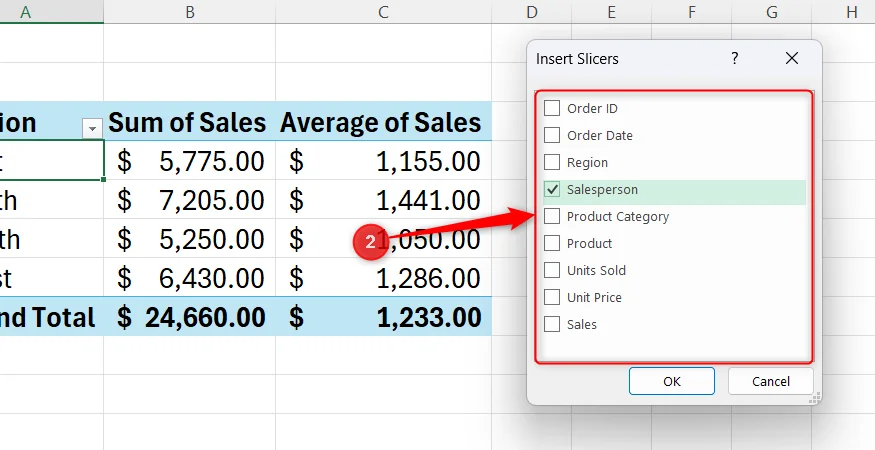 Salesperson is checked in Excel's Insert Slicers dialog window.