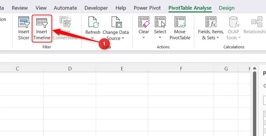 The Insert Timeline button in the PivotTable Analyze tab on the Excel ribbon.