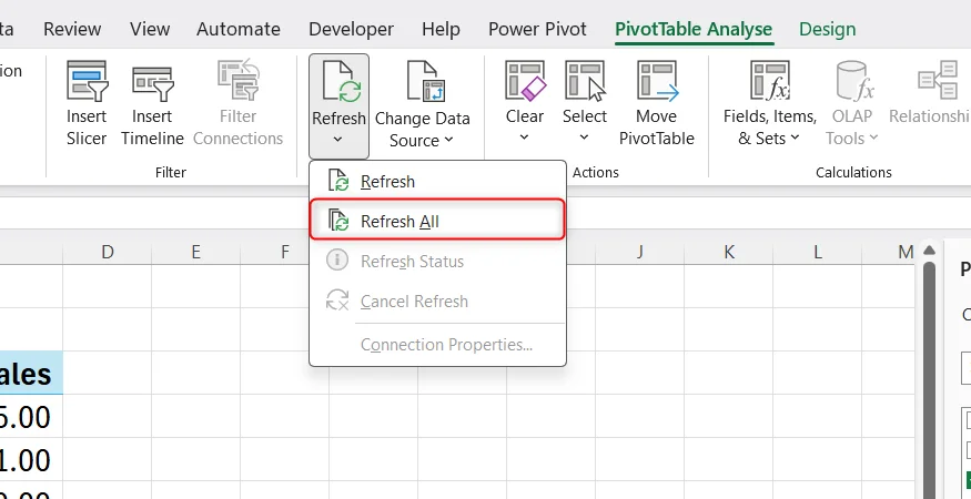 The Refresh drop-down menu in Excel's PivotTable Analyze tab is expanded, and Refresh All is highlighted.