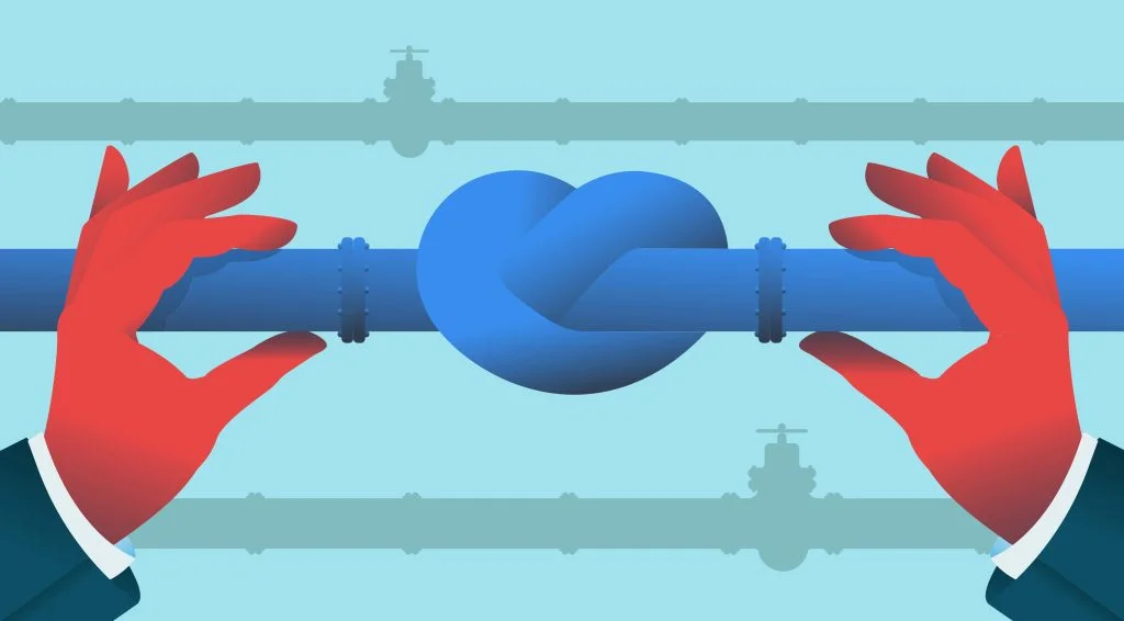 Illustration of two hands tying a pipe into a knot, set against a background of faded gray pipes with valves.