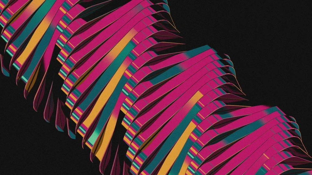 Abstract 3D digital render of layered geometric ribbons in magenta and teal against a dark background, representing complex structure and data workflows.