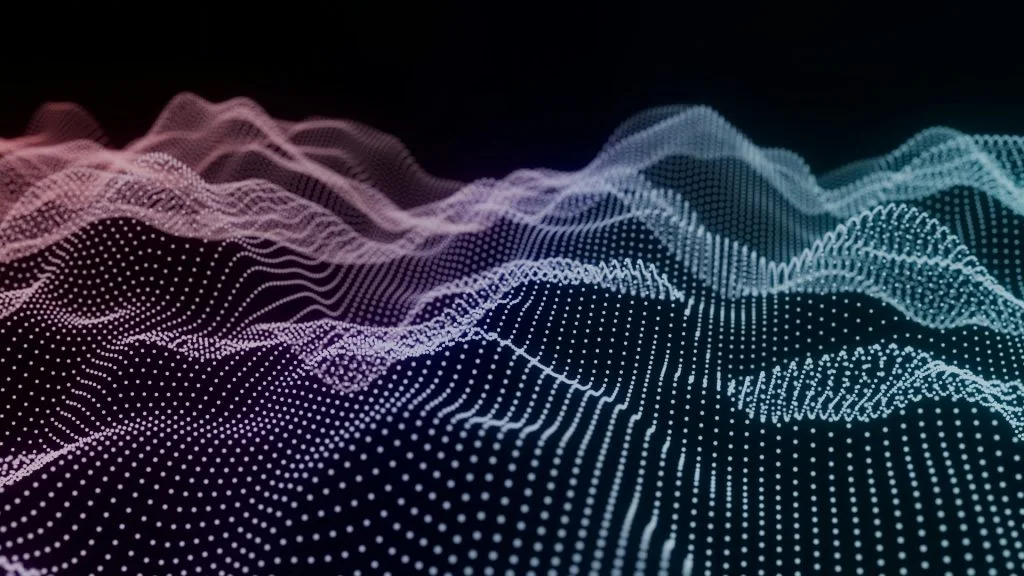 Abstract digital particle wave grid shifting from purple to blue, representing a complex AI infrastructure network.