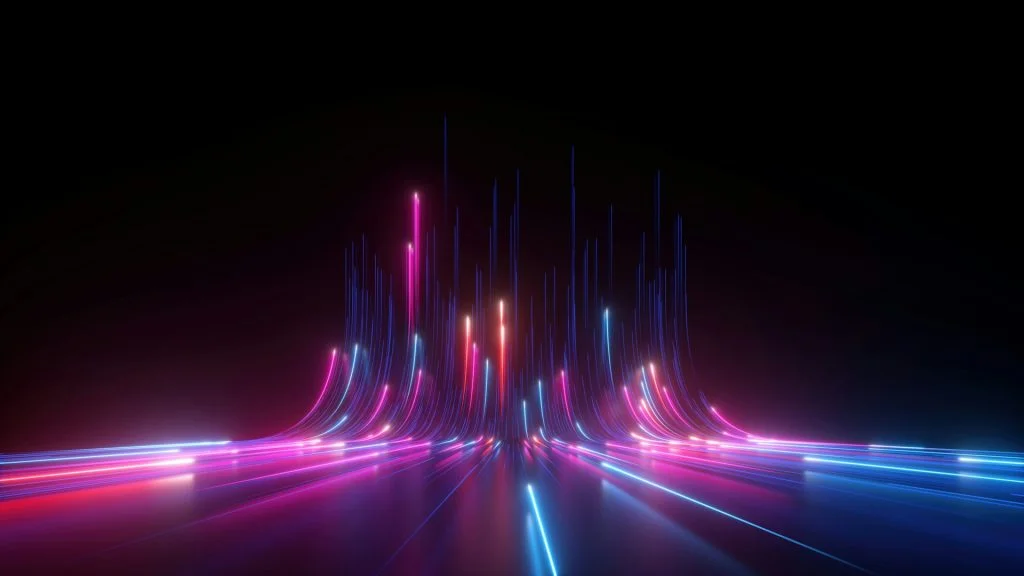 Abstract digital render of vibrant blue and purple neon light trails curving upward against a dark background, representing real-time data streaming pipelines for AI infrastructure.