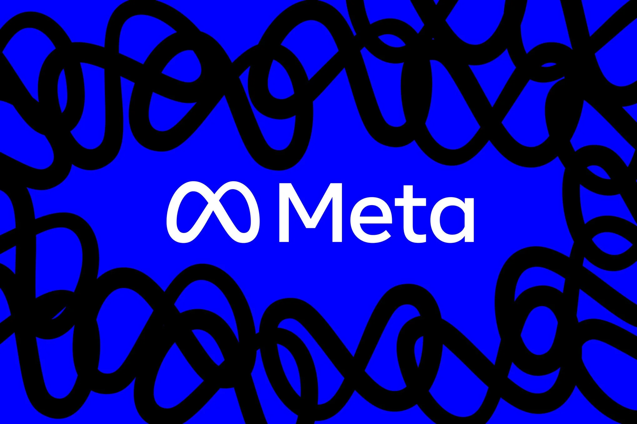 Image of the Meta logo and wordmark on a blue background bordered by black scribbles made out of the Meta logo.