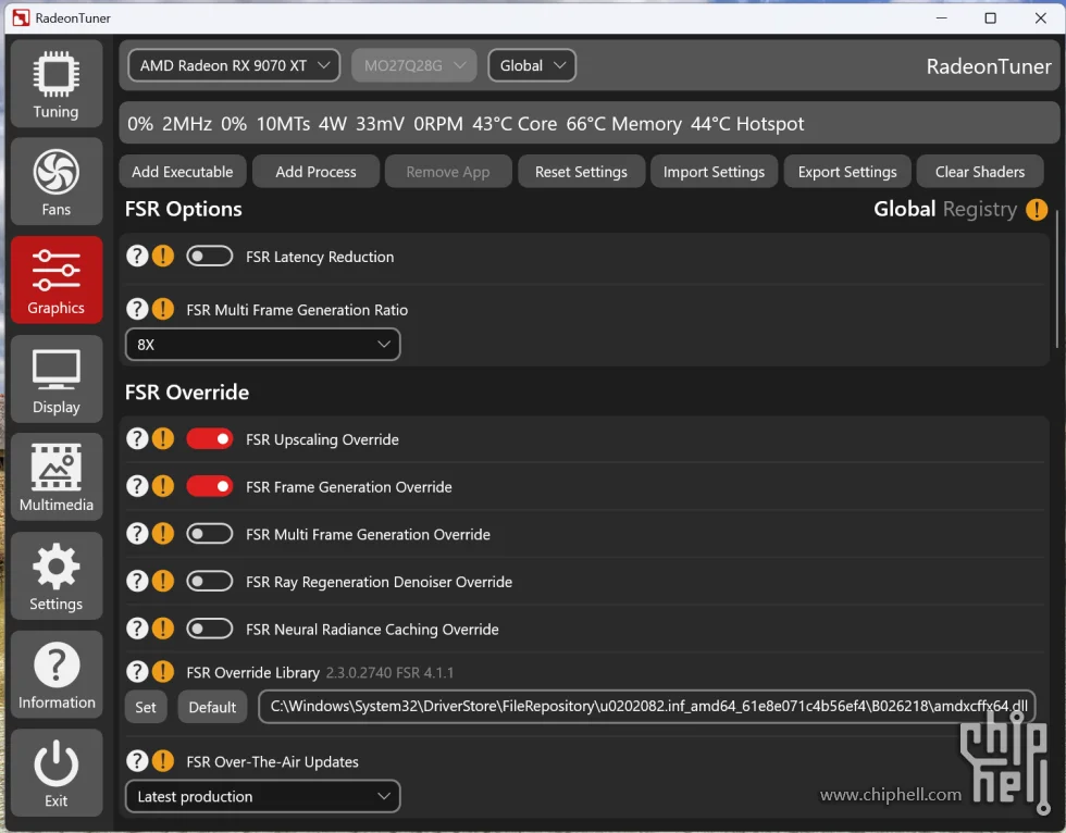 A screenshot of RadeonTuner revealing FSR Multi Frame Generation settings