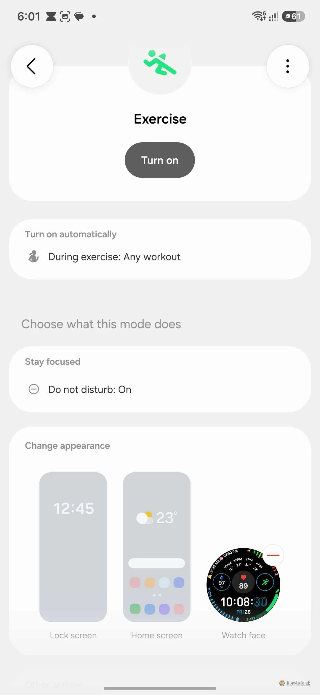 Exercise mode set to turn on during any workout with a health data watch face selected under Change appearance.