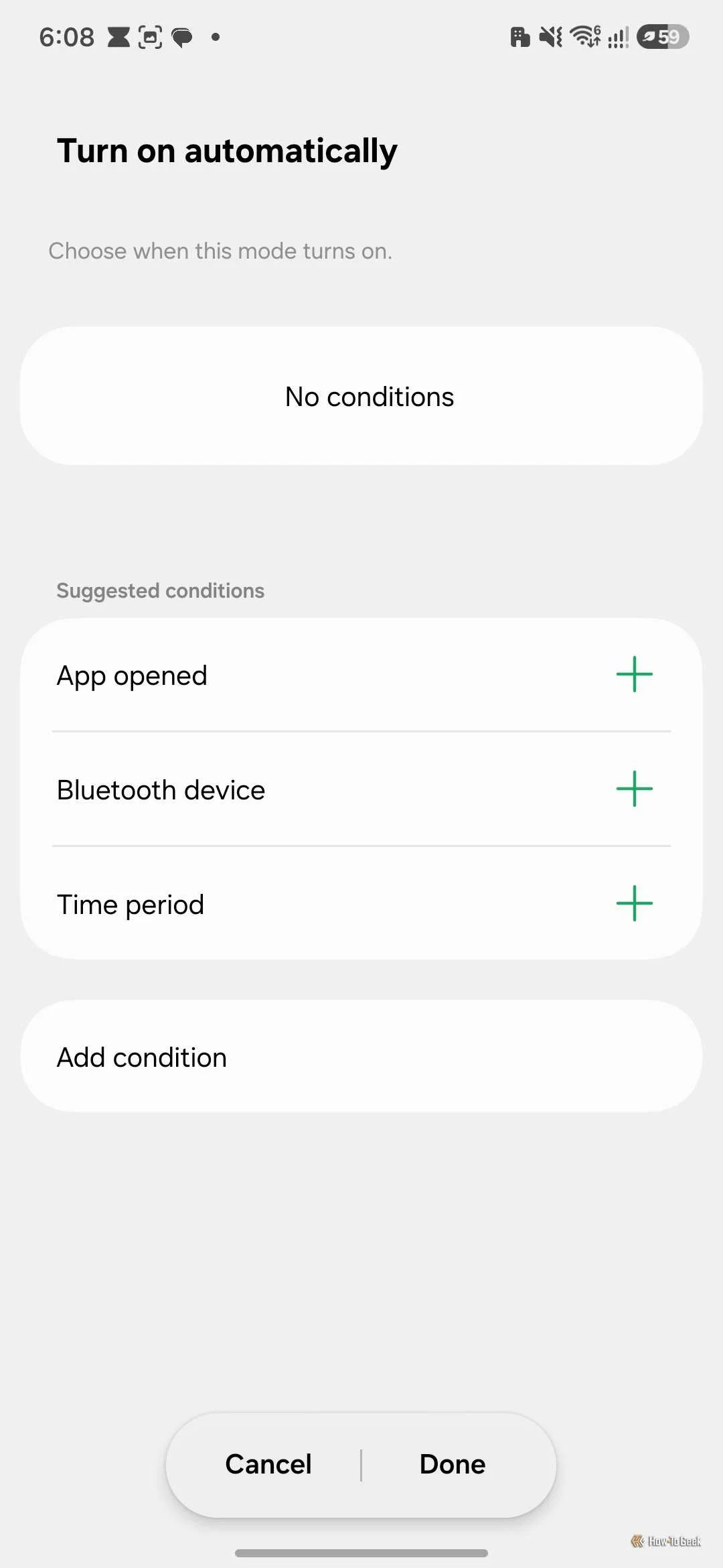 Turn on automatically screen with no conditions set and suggested conditions for app opened, Bluetooth device, and time period.