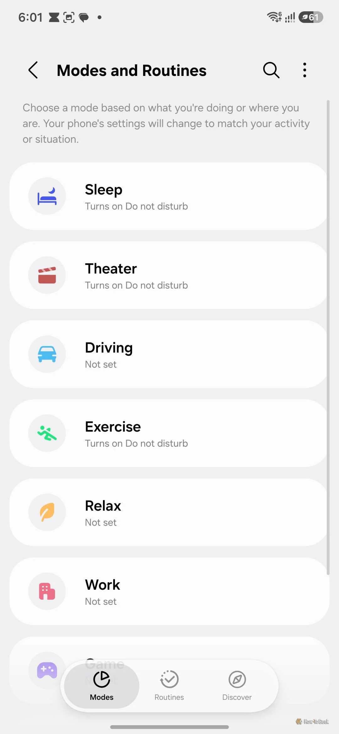 Modes and Routines screen listing the built-in Sleep, Theater, Driving, Exercise, Relax, and Work modes.
