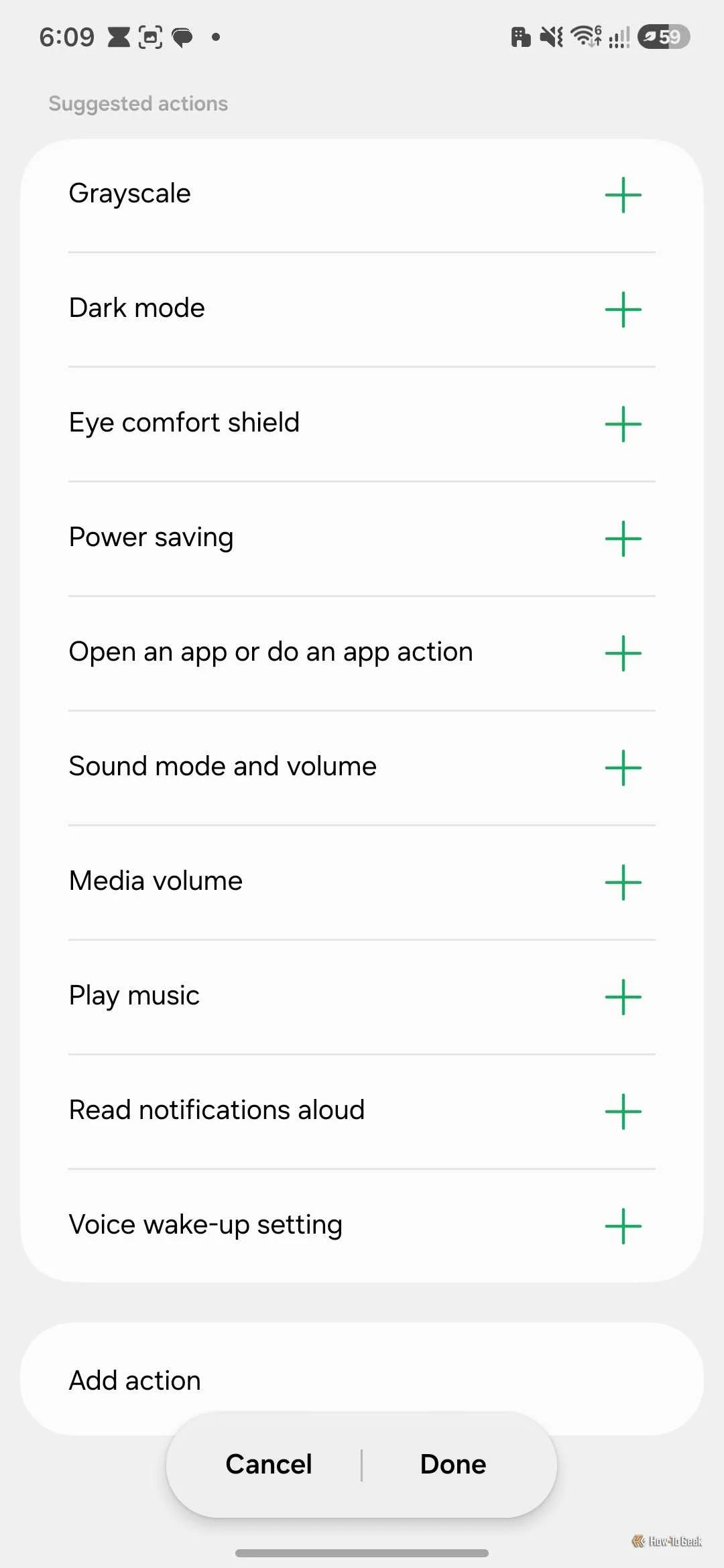 Suggested actions for a custom mode including grayscale, dark mode, power saving, and play music.