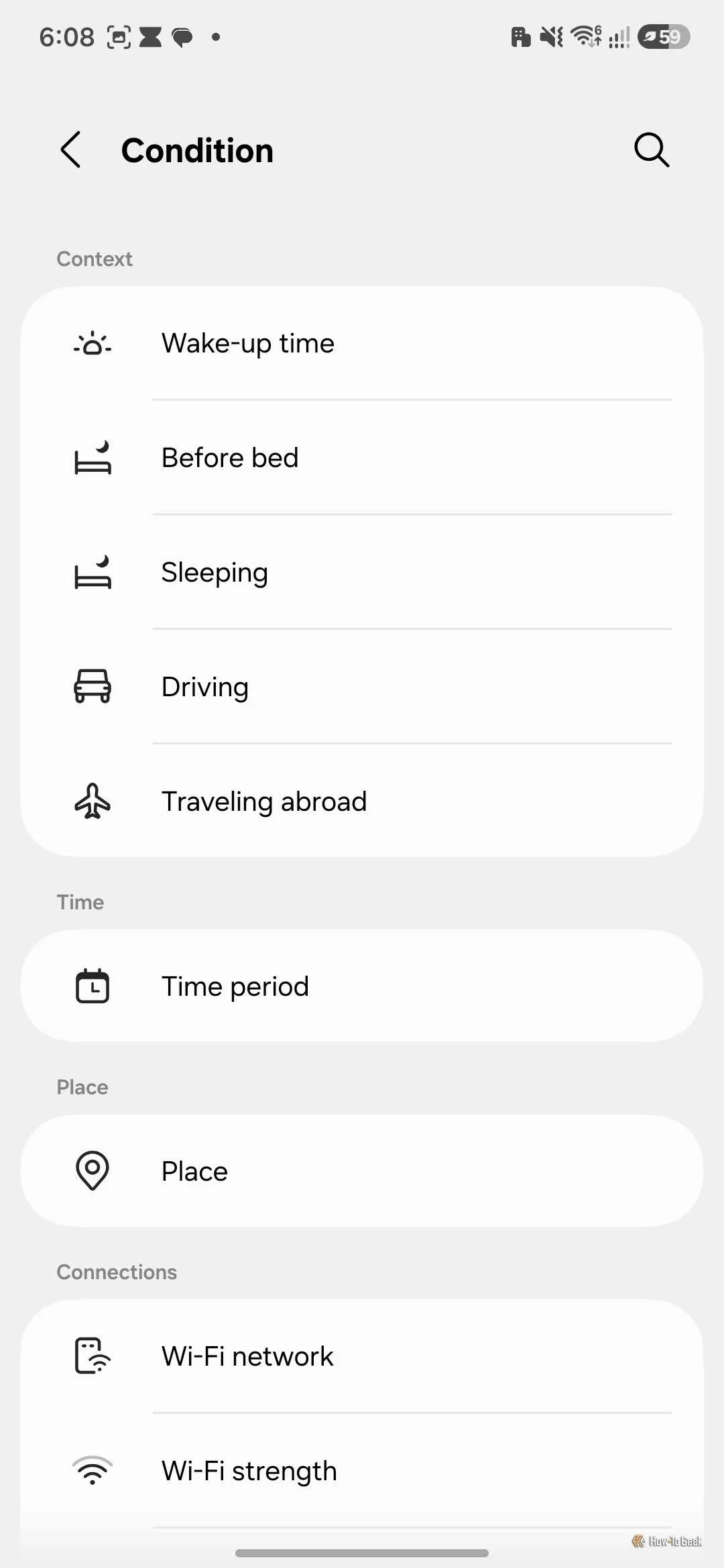 Condition list showing context triggers like wake-up time, before bed, sleeping, driving, and traveling abroad.