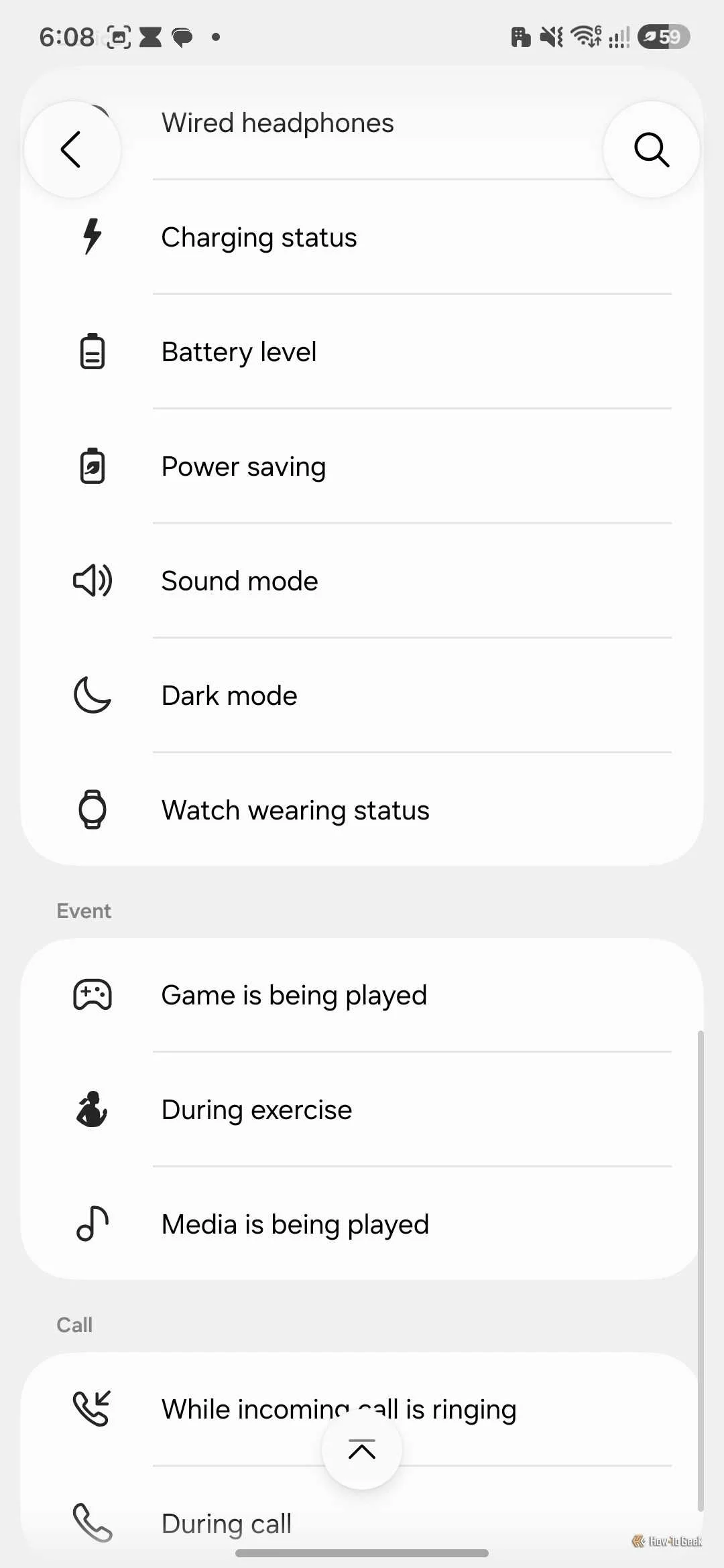 Condition list scrolled to device and event triggers including battery level, watch wearing status, and during exercise.