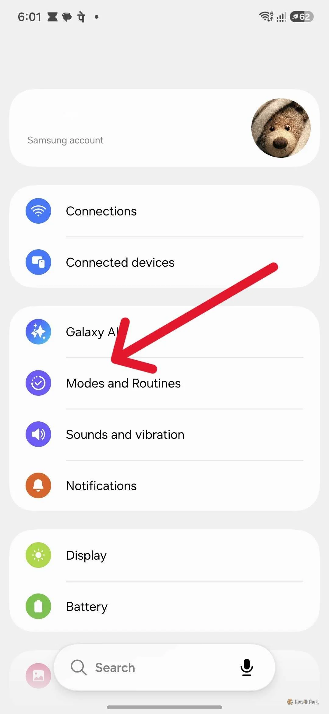 Samsung Galaxy Settings app showing the Modes and Routines entry under Galaxy AI.