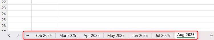 Various worksheet tabs in Excel named Feb 2025 to Aug 2025.