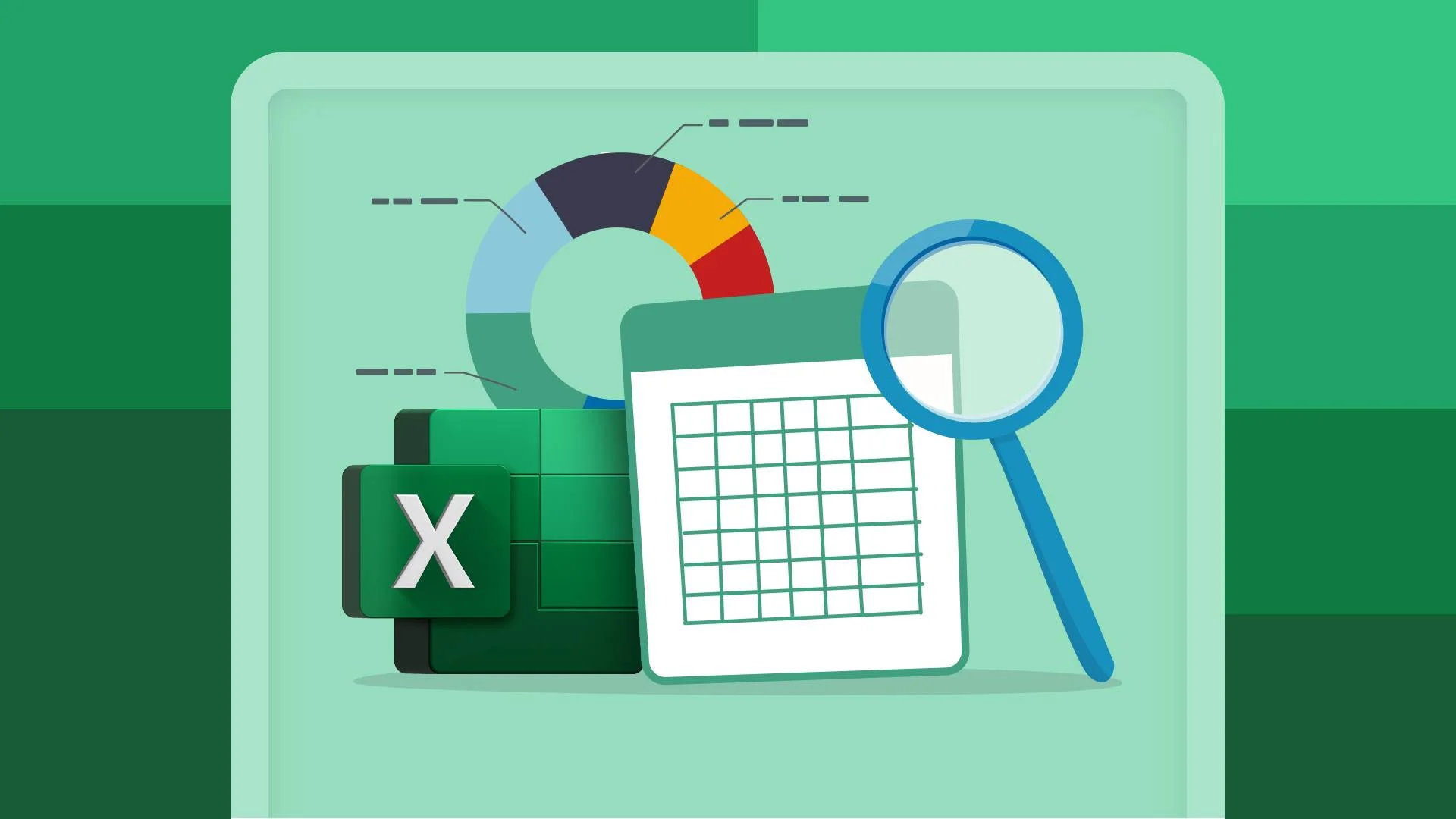 Illustration of a spreadsheet with a magnifying glass next to it, a chart in the background, and the Excel logo.